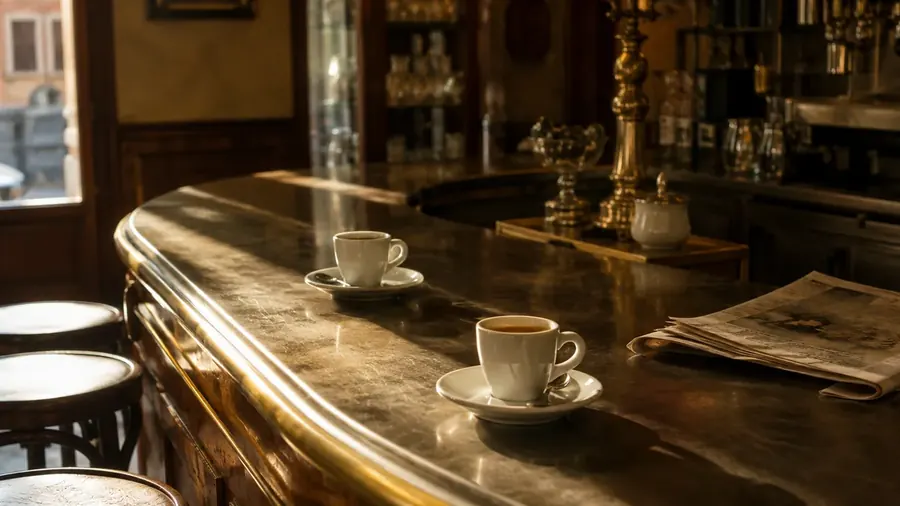 Il bancone di un vecchio bar italiano con due tazzine di caffè